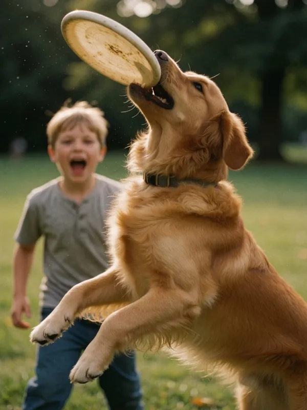 A dog leaping for a frisbee as a boy cheers